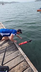 BlueZone Team deploying the SEABER YUCO-SCAN from a jetty during the trials at Lake Macquarie, NSW.