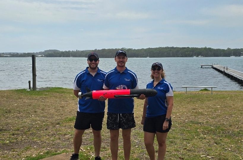 BlueZone Team with SEABER YUCO-SCAN micro-AUV after conducting successful trials at Lake Macquarie, NSW.