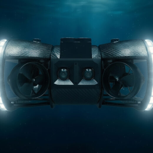 Underwater exploration drone with two side propellers, central camera housing, and glowing ring lights, submerged in dark blue water