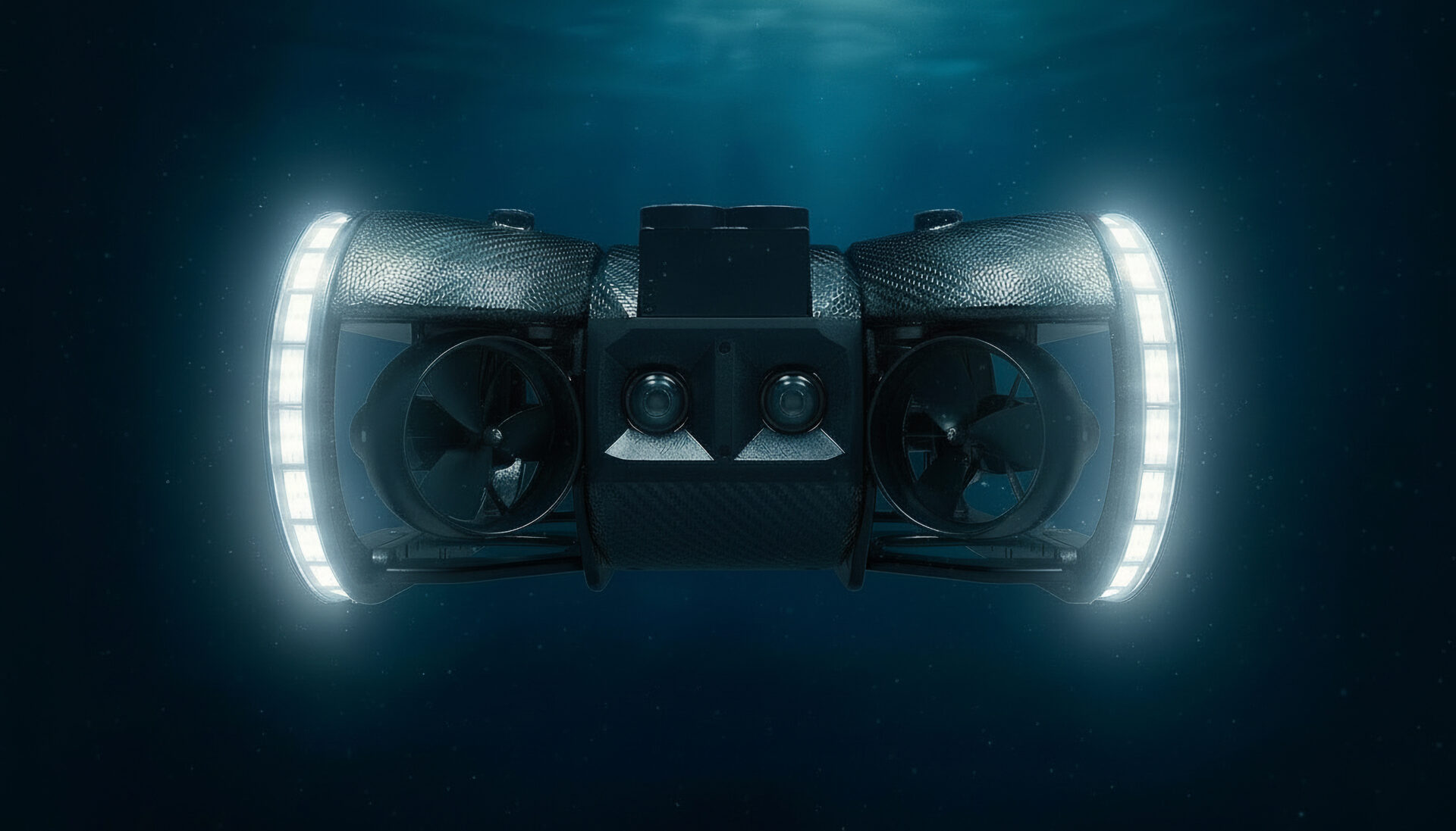 Underwater propulsion device with two side propellers and glowing circular LED rings, metallic textured body, blue glow.