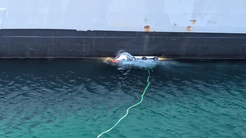 Swimmer in turquoise water next to the hull of a large white boat, connected by a green rope.