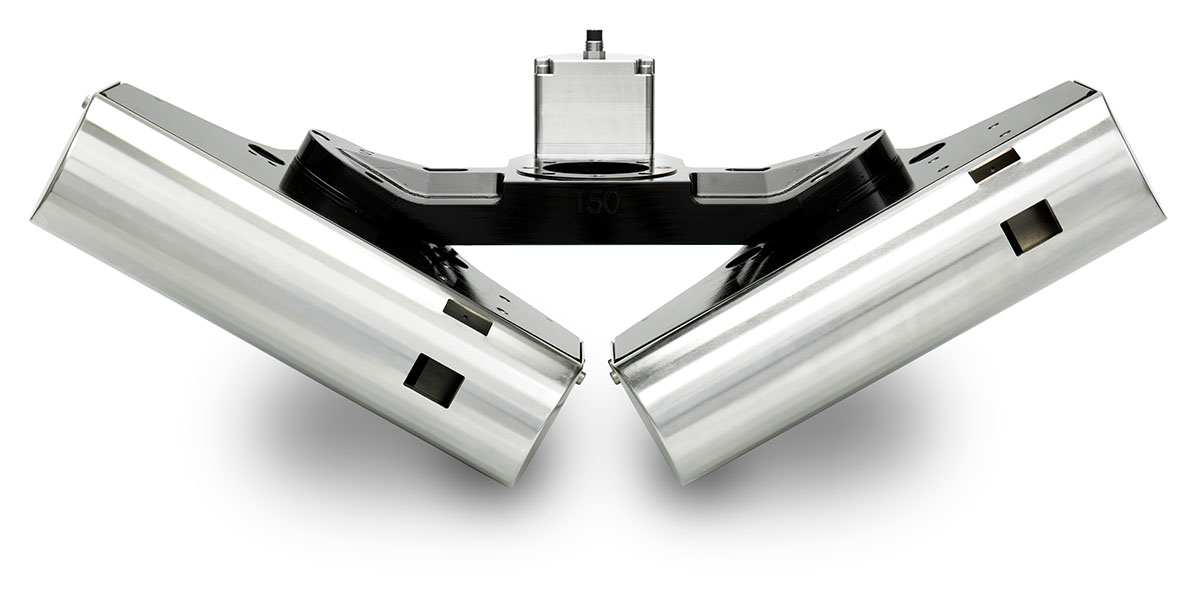 Industrial metal clamp assembly with two mirrored stainless-steel bars and a central black link, viewed from an angle.