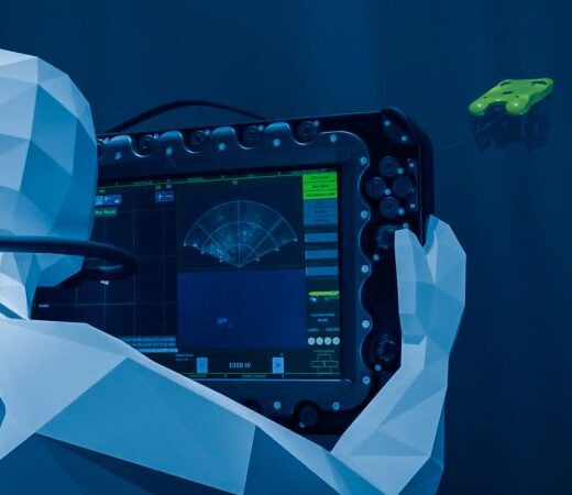 Low-poly robot piloting an underwater control console with a sonar/navigation display.