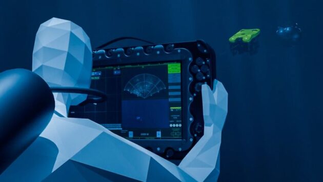 Greensea IQ BUC - BlueZone Group Low-poly robot piloting an underwater control console with a sonar/navigation display.