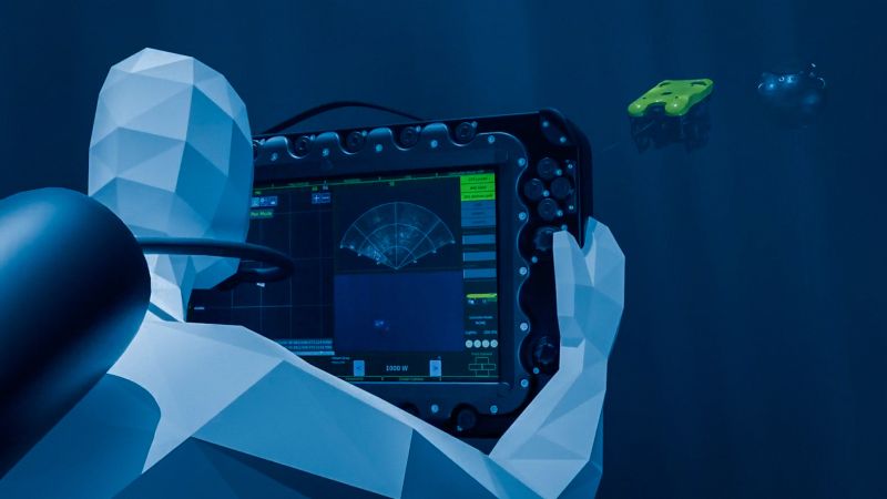 Greensea IQ BUC - BlueZone Group Low-poly robot piloting an underwater control console with a sonar/navigation display.