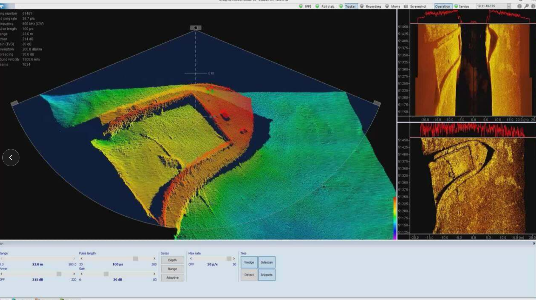 3D color-coded bathymetric map in a sonar software window, with inset side views on the right panel.