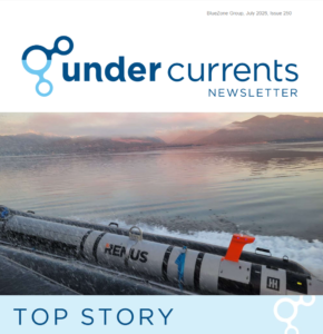 Under Currents newsletter header with logo above a lake scene, featuring a research inflatable boat and a 'TOP STORY' banner.