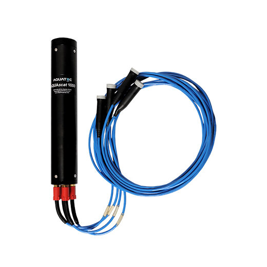 Black cylindrical water sensor labeled AQUATEK with blue cables attached for submersion in liquid measurements.