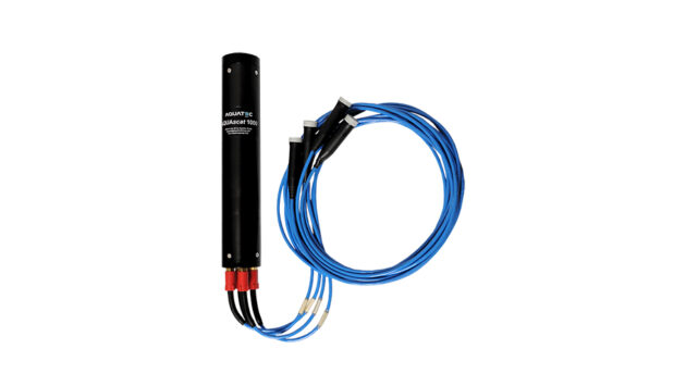 Black cylindrical water sensor labeled AQUATEK with blue cables attached for submersion in liquid measurements.
