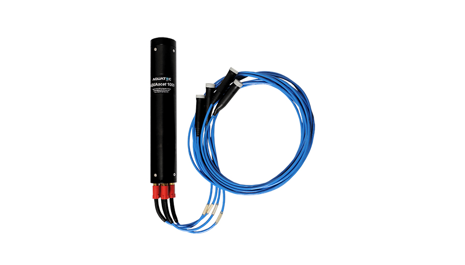 Aquatec_Sediment_Solved_AQUAscat_Page_Module_1 - BlueZone Group Black cylindrical water sensor labeled AQUATEK with blue cables attached for submersion in liquid measurements.