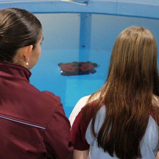 Two girls with long hair stand at an aquarium viewing panel, watching a red object float in a blue tank water.