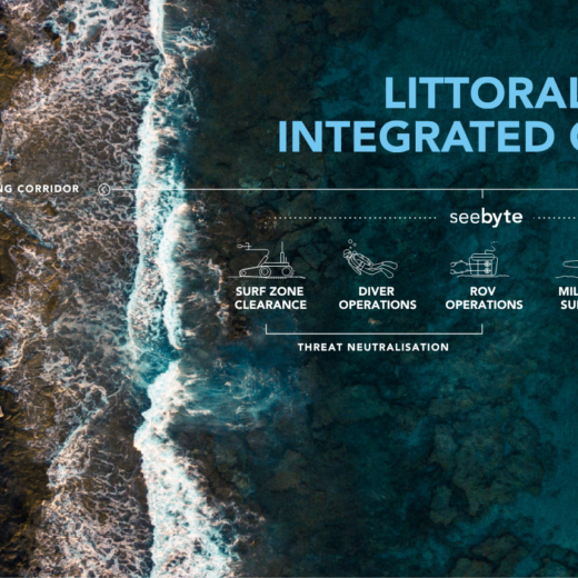 Aerial coastline with an infographic overlay about Littoral Warfare Integrated Capability, listing surf zone clearance, diver operations, ROV operations, military survey, and landing craft.